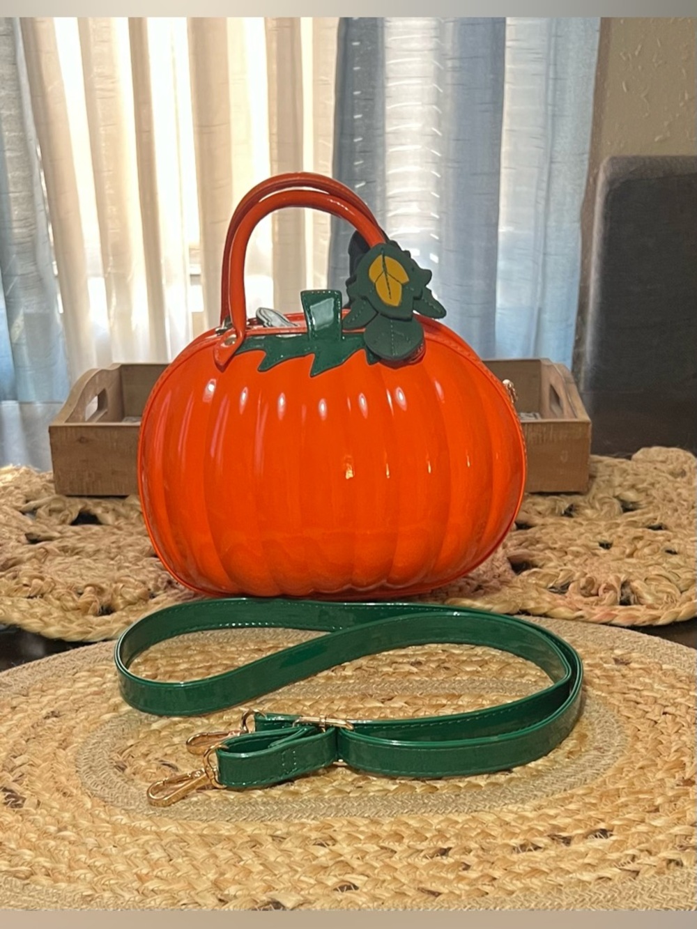 Orange Pumpkin-Shaped Crossbody Bag with Green Strap